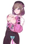  1girl 1girl blue_eyes bow breasts breasts_out_of_clothes hands_on_own_chest hat looking_at_viewer medium_breasts nijisanji nipples pink_bow pomesaurus short_hair simple_background suzuhara_lulu virtual_youtuber white_background 