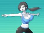  1girl big_breasts black_hair blue_background breasts cute hair nintendo ponytail posing vest wii wii_fit wii_fit_trainer yoga_pants 