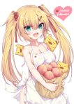 1girl :d akai_haato animal apron bag bangs bare_arms bare_shoulders blonde blue_eyes blush breasts cleavage eyebrows_visible_through_hair fang followers food frilled_apron frills fruit grocery_bag hadaka_apron hair_between_eyes hair_ornament hair_ribbon hairclip heart heart_hair_ornament high_resolution hololive long_hair looking_at_viewer medium_breasts naked_apron neps-l open_mouth paper_bag peach pig red_ribbon ribbon shopping_bag sidelocks smile tied_hair twin_tails very_long_hair virtual_youtuber white_apron white_background 