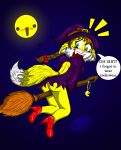 anthro artist_request ass blush broom broom_riding brown_hair dress embarrassing fox funny furry green_eyes hat heart high_heels looking_back moon no_panties original surprise tattoo upskirt witch witch_hat