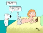 2009 ass bed black_eyes book breasts brian_griffin dog earring family_guy furry gog lipstick lois_griffin looking_back milf nude nipple orange_hair red_lipstick short_hair stockings 