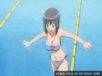 anime big_breasts bikini bouncing_breasts breasts cleavage erect_nipples gif glasses huge_breasts pool side-tie_bikini swimming_pool swimsuit tube_top tubetop water