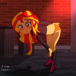  1girl bent_over blush boots equestria_girls female female_only friendship_is_magic looking_at_viewer my_little_pony outdoor outside panties partially_clothed solo standing sunset_shimmer two-tone_hair underwear 
