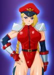  1girl abs alternate_costume belt blonde_hair blue_eyes braid breasts cammy_white cap capcom cosplay elbow_gloves female fingerless_gloves gloves hat highres impossible_clothes impossible_clothing impossible_swimsuit large_breasts leotard long_hair looking_at_viewer m_bison m_bison_(cosplay) makani_kohitujito muscle scar serious shiny shiny_clothes shoulder_pads simple_background skin_tight solo street_fighter street_fighter_iv swimsuit twin_braids vega vega_(cosplay) 