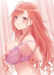  1girl :o arisugawa_natsuha bangs bare_shoulders blush bra breasts curtains earrings female_only high_resolution idolmaster in_profile jewelry long_hair looking_at_viewer medium_breasts nipples purple_bra red_hair shirokuma-kun silver_eyes solo_female the_idolm@ster:_shiny_colors underwear unfastened upper_body wavy_hair white_background 