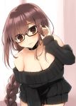  1girl adjusting_glasses bangs blush braid breasts brown_eyes brown_hair choker cleavage consort_yu_(fate) fate/grand_order fate_(series) glasses kujiran large_breasts leaning_forward long_hair looking_at_viewer naked_sweater off_shoulder ribbed_sweater single_braid sleeves_past_wrists sweater 