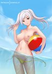  1_girl 1girl areola artist_name ball beachball big_breasts bikini blue_sky breasts brown_eyes closed_mouth cloud dakkalot day female female_only fire_emblem fire_emblem:_awakening holding_beachball looking_at_viewer nintendo nipples outside partially_submerged photoshop_(medium) reflet robin_(fire_emblem)_(female) side-tie_bikini_bottom sky smile solo standing swimsuit tied_hair topless twin_tails untied untied_bikini wardrobe_malfunction water white_hair yellow_bikini yellow_swimsuit 