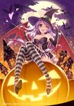  1girl ;d an2a bare_shoulders bat bat_wings black_gloves breasts cleavage corset divine_grimoire elbow_gloves female gloves halloween hat heart jack-o'-lantern large_breasts long_hair looking_at_viewer one_eye_closed open_mouth original purple_hair sitting smile solo source_request striped striped_legwear thighhighs wand wings wink witch witch_hat 