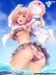  1girl anmitsuyomogi armpits arms_up ass bikini blush breasts character_request creature feet_in_water large_breasts ocean open_mouth pink_hair short_hair skirt sky smile soaking_feet solo striped striped_bikini striped_swimsuit swimsuit wading water watermark yellow_eyes 