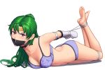  1_girl 1girl arched_back barefoot bishoujo_senshi_sailor_moon bondage bra breasts choker female female_only gloves green_hair long_hair looking_at_viewer lying lying_on_stomach meiou_setsuna mostly_nude panties sailor_moon sailor_pluto setsuna_meioh setsuna_meiou solo taped_mouth tiara tied underwear white_background 