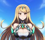 1girl bangs bare_shoulders big_breasts blonde_hair blue_sky blush breasts cleavage cleavage_cutout embarrassed hair_ornament large_breasts long_hair looking_at_viewer mythra nintendo swept_bangs xenoblade_(series) xenoblade_chronicles xenoblade_chronicles_2 yellow_eyes