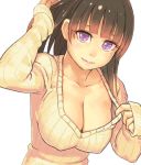 1girl big_breasts breasts brown_hair character_request cleavage copyright_request covered_nipples erect_nipples female_only long_hair looking_at_viewer no_bra purple_eyes ribbed_sweater simple_background solo solo_female sweater white_background yuuji_(and)