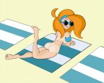  ass barefoot beach breasts long_hair nude orange_hair tan tan_line 
