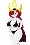  1girl bikini black_bikini breasts cleavage fangs fire hair_ornament hair_over_one_eye hand_on_hip hekapoo horns huge_breasts long_hair navel orange_eyes red_hair smile smilesaidboredgirl star_vs_the_forces_of_evil thick_thighs thighs very_long_hair white_skin wide_hips yellow_sclera 