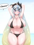  big_breasts bikini blue_eyes blue_hair huge_breasts league_of_legends pool_party_series sona text yabby 