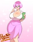 1girl agawa_ryou book breasts cleavage formal glasses green_eyes holding holding_book huge_breasts lips office_lady pantyhose pencil_skirt pink_hair pink_skirt short_hair skirt skirt_suit smile teacher thick_lips thick_thighs thighs 