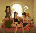  2boys 3girls ? abs angry anime bare_shoulders black_hair blonde_hair blush boa_hancock breasts cleavage couch crack denim denim_shorts hair_over_one_eye harem hat hug hugging large_breasts looking_back midriff monkey_d._luffy monkey_d_luffy multiple_boys multiple_girls nami nami_(one_piece) navel nico_robin one_piece open_clothes open_mouth open_shirt orange_hair pillow pimp ponytail sanji scar shirt shorts star straw_hat tank_top tattoo 