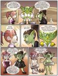 activision blizzard_entertainment blue_eyes breasts brown_hair comic embarrassing gnome gnome_(world_of_warcraft) goblin goblin_(warcraft) green_skin hairless_pussy kelsey_steelspark marin_noggenfogger megs_dreadshredder nude ponytail prostitution pussy red_hair shia_(artist) speech_bubble text world_of_warcraft