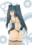 ass ass_focus bikini black_hair blue_eyes blue_ribbon fishnet nightmaredoom_(artist) original original_character solo stockings