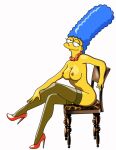  blue_hair breasts chair high_heels marge_simpson nude pearls stockings the_simpsons white_background yellow_skin 