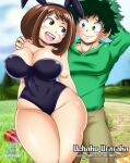  1boy 1girl bare_thighs big_breasts bluegraves blush breasts brown_eyes brown_hair bunny bunny_costume bunny_ears bunny_girl bunnysuit censored cleavage clothed clothed_male cosplay couple curvy dress_up easter easter_bunny easter_egg green_eyes green_hair happy holidays huge_breasts izuku_midoriya izuocha legs looking_at_another male muscular_male my_hero_academia naked_legwear ochako_uraraka open_mouth playboy smile thick_legs thick_thighs thighs thin_waist wide_hips 