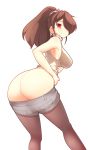  1girl 1girl 1girl ass bare_shoulders big_breasts black_legwear breasts brown_hair commission fizintine from_behind hair_over_one_eye high_resolution long_hair looking_at_viewer looking_back nopan original pantyhose ponytail red_eyes shorts shorts_pull smile standing tied_hair transparent_background 