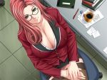  1girl attractive big_breasts breasts business_suit chair cleavage cleavage_(game) desk dutch_angle formal game_cg glasses green_eyes hair huge_breasts ichinose_sayaka jpeg_artifacts large_breasts lipstick long_hair mature milf miniskirt office pencil_skirt red_hair sei_shoujo sensei sitting skirt skirt_suit smile solo stockings suit teacher thighhighs zettai_ryouiki 