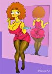  1girl ass back back_view big_ass big_breasts brown_hair cleavage clothed clothing female looking_back mature_female maude_flanders milf mirror mirror_reflection mother necklace pantyhose pearl_necklace reflection rocner the_simpsons thick_thighs thighs tight_clothing tights yellow_skin 