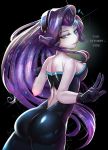  1girl ass black_gloves blue_eyes bodysuit clothed equestria_girls female female_human female_only friendship_is_magic gloves long_hair looking_at_viewer looking_back my_little_pony rarity rarity_(mlp) solo standing 