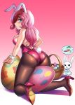 1boy 1girl angel_(mlp) ass bunny_ears bunny_tail clothed easter_bunny easter_eggs female_human fishnets fluttershy fluttershy_(mlp) friendship_is_magic high_heels humanized kneeling leotard looking_at_viewer looking_back my_little_pony rabbit tights 