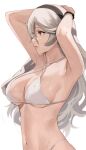 1girl alluring alternate_costume armpits arms_behind_head arms_up bangs bare_shoulders big_breasts bikini breasts cleavage collarbone corrin_(fire_emblem) corrin_(fire_emblem)_(female) fire_emblem fire_emblem_fates hair_between_eyes hairband high_res j@ck long_hair nintendo red_eyes swimsuit under_boob wet white_background white_bikini white_hair white_swimsuit