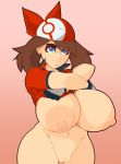 1girl areola bandanna blue_eyes blush breasts breasts_outside brown_hair cleavage female_only gloves haruka_(pokemon) huge_breasts large_areolae may_(pokemon) mystical nipples plantpenetrator pokemon pokemon_(game) pussy short_hair simple_background solo_female undressing