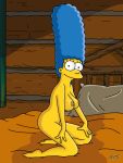  bed blue_hair breasts long_hair marge_simpson milf nipple nude smile the_simpsons wvs yellow_skin 