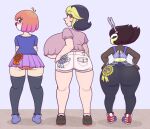  3_girls ahoge ass_bigger_than_breasts ass_vs_breasts bee_girl big_breasts black_eyes black_hair blush bottom_heavy breasts breasts_bigger_than_ass clown_girl fizzie_(vendant) high_res huge_ass huge_breasts karri large_ass looking_back_at_viewer multicolored_hair no_mouth orange_hair panties red_eyes stockings thick_thighs top_heavy under_boob vendant wide_hips yellow_skin zoey_(vendant) 