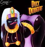  alien ass bent_over big_ass big_breasts black_skin blue_eyes breasts cleavage duck_dodgers gmeen huge_ass loincloth long_hair queen_tyr&#039;ahnee shiny_skin white_hair 