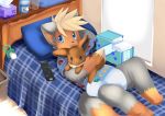  baby_powder bed blue_eyes canine diaper eevee ende fox infantilism male pacifier plushie pokemon smile tail 