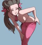  1girl arm arms art babe bare_arms bare_shoulders black_hair blush breasts dave_cheung dave_cheung_(artist) detached_collar gym_leader hanging_breasts long_hair looking_back nintendo nipples pantyhose parted_lips pink_eyes pink_pantyhose pokemon pokemon_(anime) pokemon_(game) pokemon_rse roxanne roxanne_(pokemon) standing tights topless tsutsuji_(pokemon) twin_tails undressing 