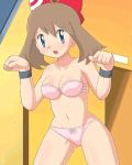  blush bra breasts brown_hair haruka_(pokemon) may panties pokemon short_hair spread_legs 