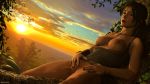  16:9_aspect_ratio 1girl 1girl 3d areola bomyman breasts brown_hair closed_eyes female_only high_resolution lara_croft nipples nude partially_clothed pussy sunset tomb_raider very_high_resolution 