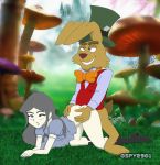 1boy 1girl alice_in_wonderland boots doggy_position dress dress_lift forest gspy2901 male male/female march_hare mushrooms no_panties partially_clothed petite small_breasts smaller_female taken_from_behind teenage_girl