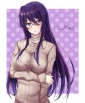  1girl arm_at_side arm_under_breasts bangs bespectacled blush breasts doki_doki_literature_club glasses hair_between_eyes hair_ornament hairclip large_breasts long_hair long_sleeves looking_at_viewer open_mouth polka_dot polka_dot_background purple_eyes purple_hair ribbed_sweater semi-rimless_glasses sidelocks sweater turtleneck under-rim_glasses very_long_hair yuri_(doki_doki_literature_club) 