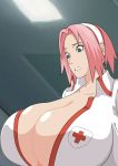  breasts cleavage cute-rukia gigantic_breasts green_eyes hairband naruto nurse nurse_outfit pink_hair sakura_haruno 