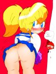 anus ass bent_over bigbootyinc blonde_hair blue_eyes bubble_butt looking_back mooning no_panties nosebleed ponytail pussy red_hair school_uniform shiny shiny_skin smile surprise