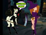  2girls ass breasts cosplay disney embarrassing funny grimphantom grimphantom_(artist) halloween jack-o&#039;-lantern kim_possible kimberly_ann_possible multiple_girls panties print_panties pumpkin shego torn_clothes torn_clothing underwear wardrobe_malfunction weapon witch witch_hat 