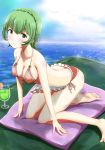  1_girl 1girl aoki_hagane_no_arpeggio barefoot blush breasts female female_only green_eyes green_hair looking_at_viewer mental_model mostly_nude nachi_(aoki_hagane_no_arpeggio) short_hair solo swimsuit 