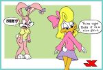 angry babs_bunny blonde_hair blue_eyes bottomless bow embarrassing furry jk jk_(artist) looking_back no_panties purple_eyes shirley_the_loon smile tiny_toon_adventures 