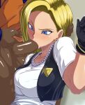  1boy 1girl against_the_wall against_wall android_18 big_breasts big_penis black_gloves blonde blonde_hair blue_eyes dark-skinned_male dark_skin dragon_ball earring fellatio forced_oral gloves hand_on_head interracial light-skinned_female light_skin male/female necklace oral oral_rape squatting 