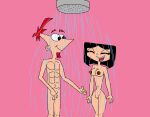  1boy 1girl aged_up breasts covering_penis disney isabella_garcia-shapiro matiriani28 navel nipples nude phineas_and_ferb phineas_flynn pink_background pussy sexy shower 
