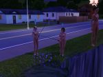  3girls black_hair hair multiple_girls nipples nude outside rod simspictures the_sims 