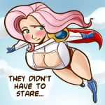  1girl blue_boots blue_eyes blue_gloves blue_sky blush boots breasts cape cleavage cleavage_cutout dc_comics embarrassed fluttershy flying friendship_is_magic gloves huge_breasts humanized leotard long_hair looking_away megasweet my_little_pony pink_hair power_girl sky text 